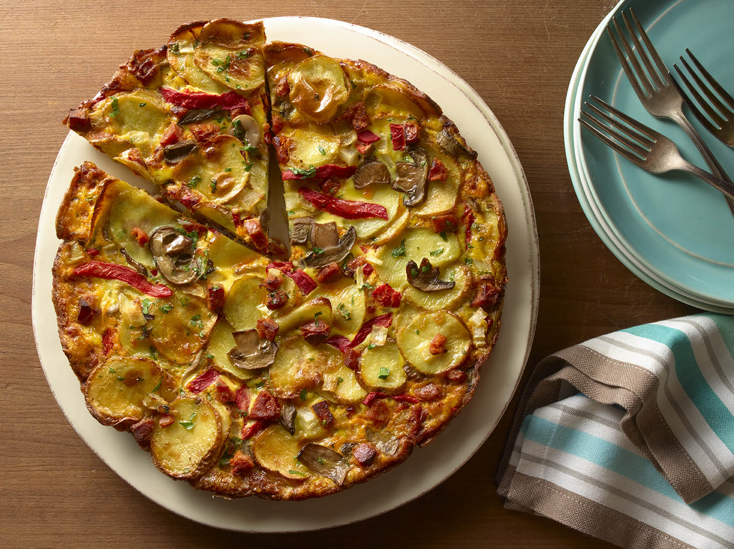 Tortilla Española with Chorizo, Pimientos and Mushrooms