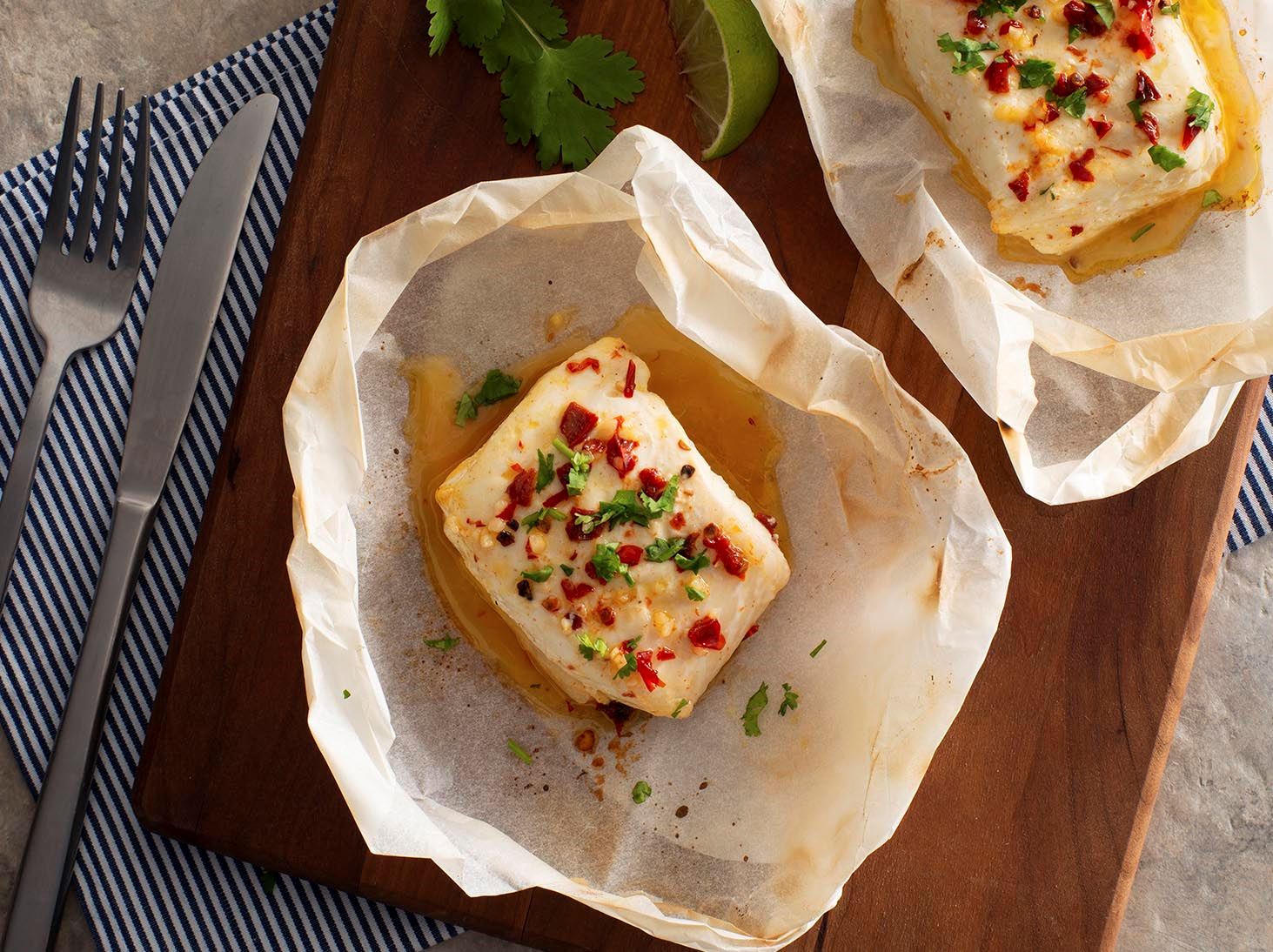 Steamed Halibut en Papillote with Chipotle Citrus Sauce