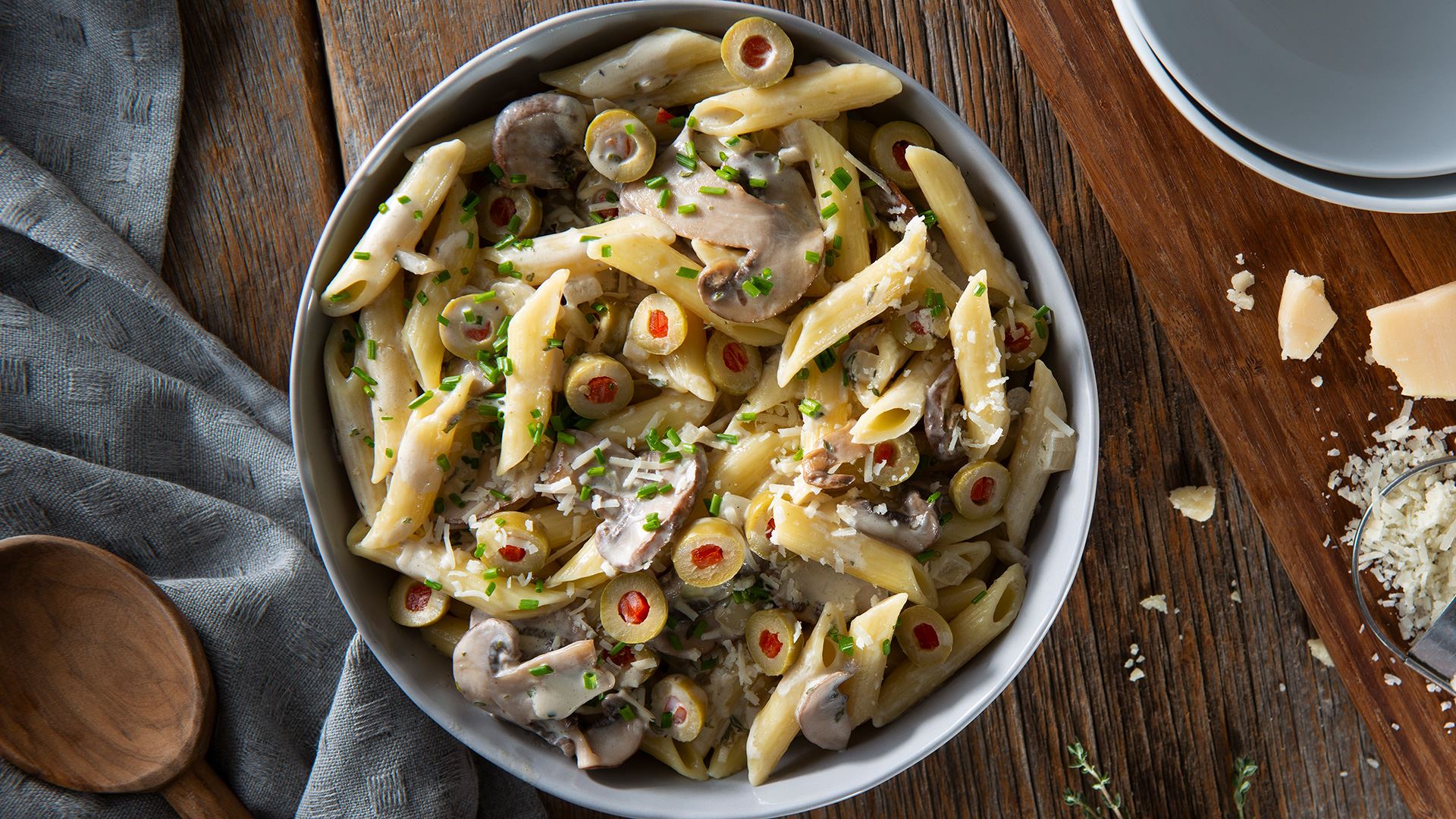 Pasta con Champiñones y Aceitunas