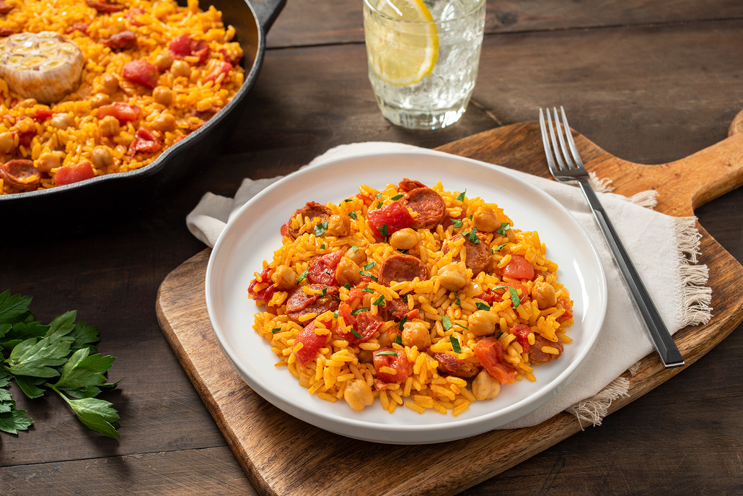 Spanish Baked Rice with Chorizo and Chickpeas