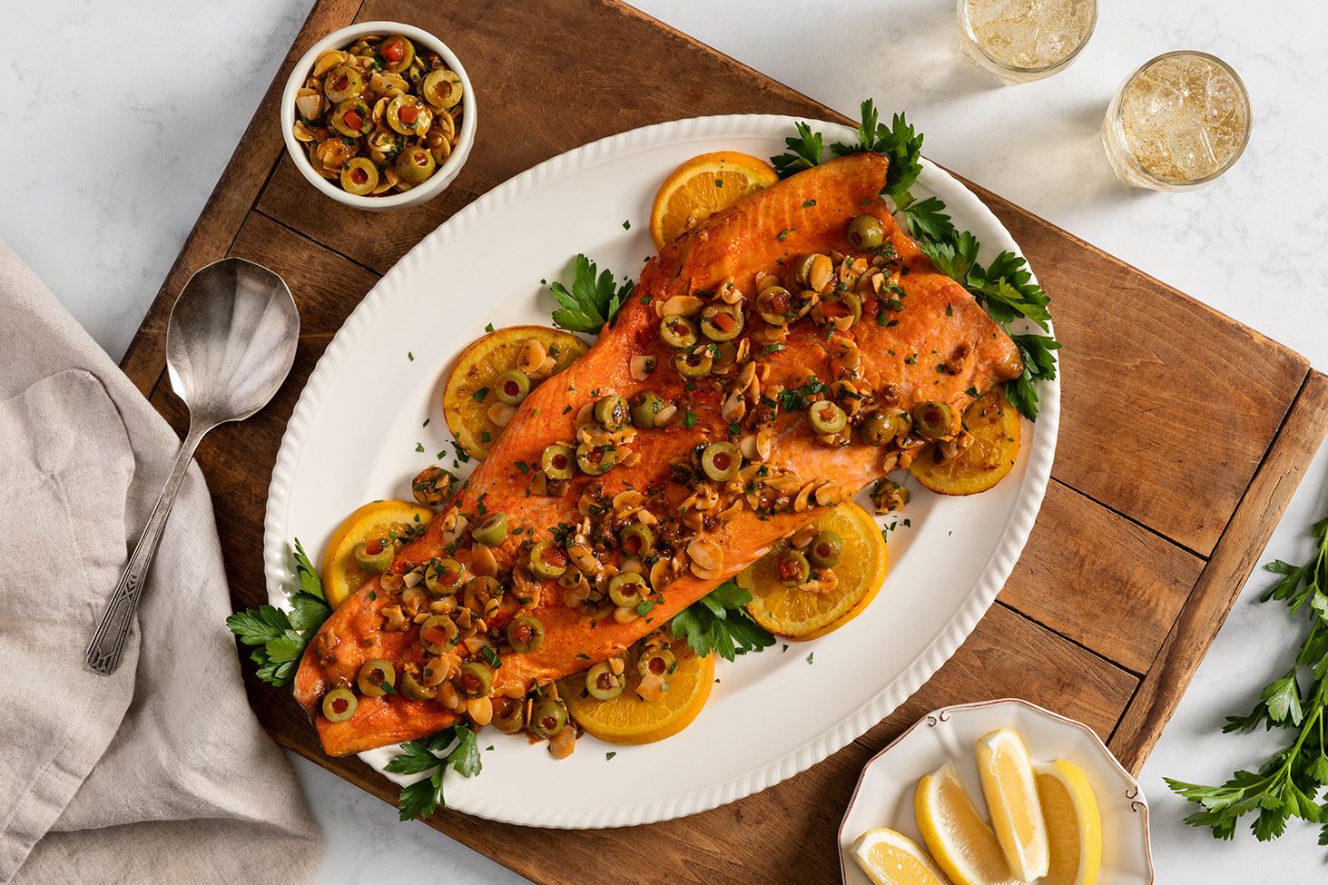 Baked Salmon with Olive and Almonds